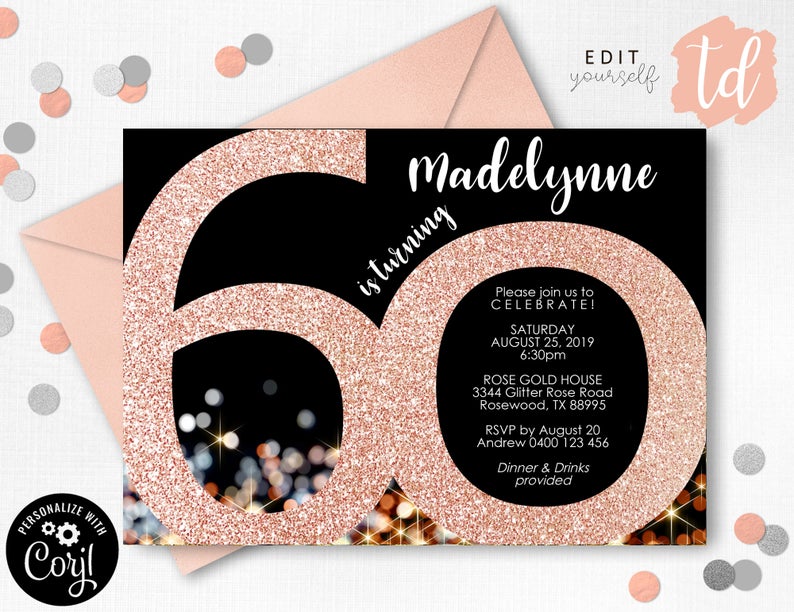 ROSE GOLD 60TH INVITATION Rose Gold 60th Birthday Invitation Female 60th Birthday Invitation Rose Gold Confetti 60th Corjl Invitation Sixty
