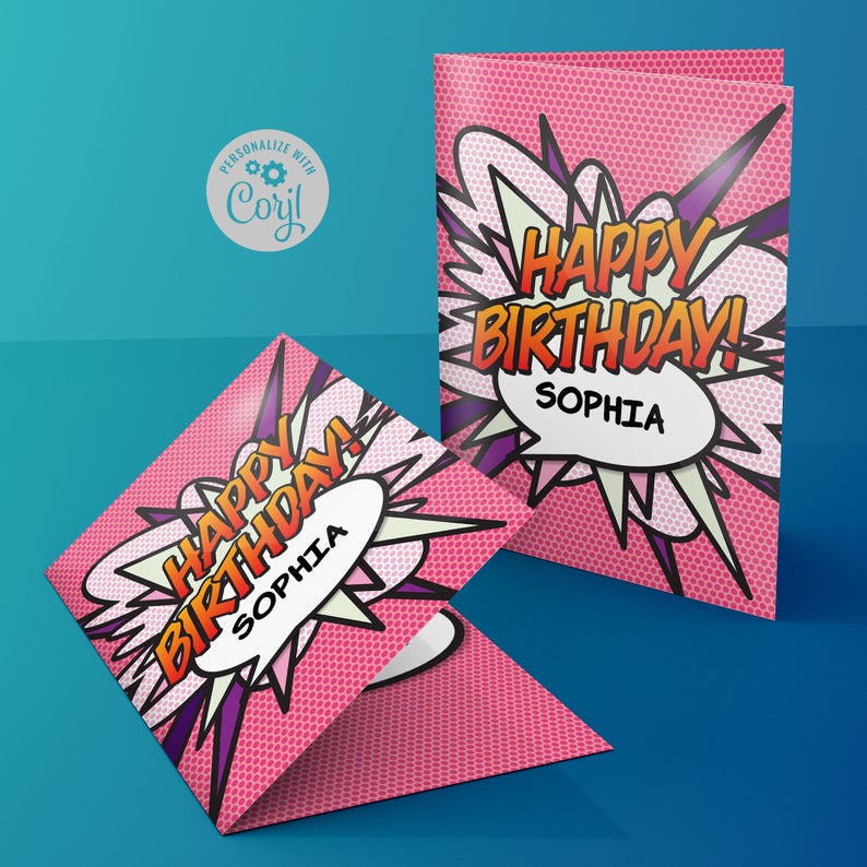 Happy Birthday Printable Birthday Card Template, Happy Birthday, Instant Download, Pink Girly, Corjl, Comic Book, Pop Art