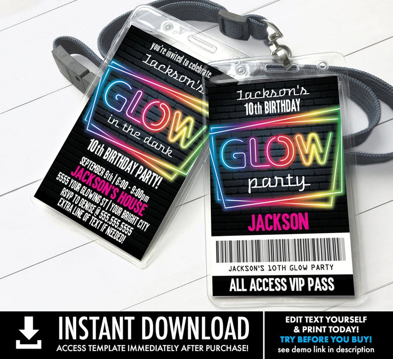 Neon Glow Invitation Party Badge, Neon Glow VIP Badge, Glow Party Invite | Self-Edit with CORJL – INSTANT Download Printable Template