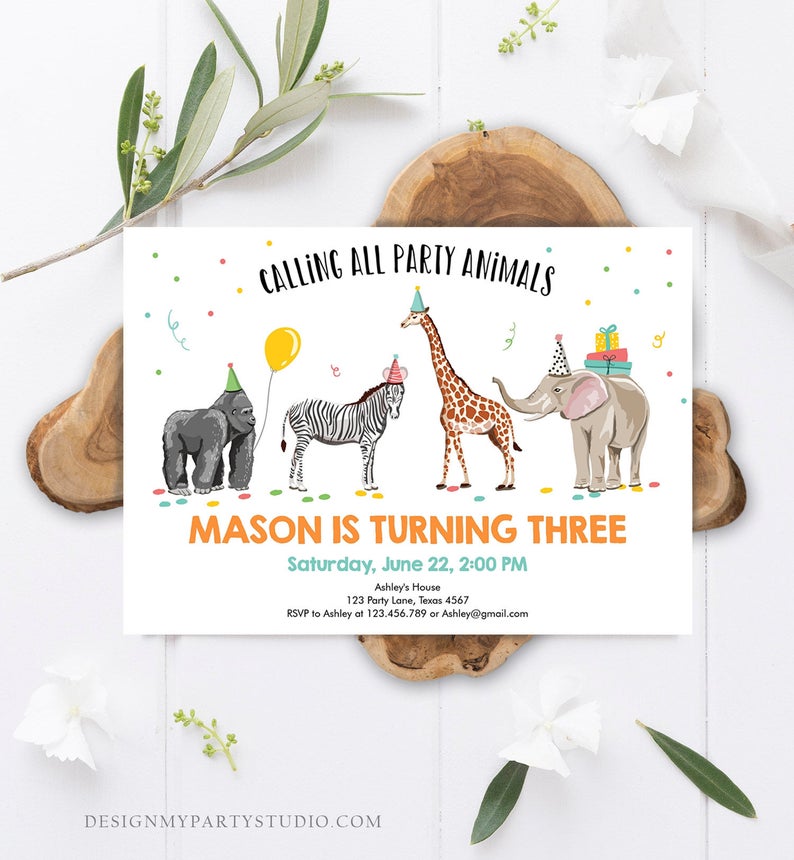 Editable Party Animals Birthday Invitation Wild One Animals Invitation Zoo Safari Animals Boy Download Printable Invite Template Corjl 0142