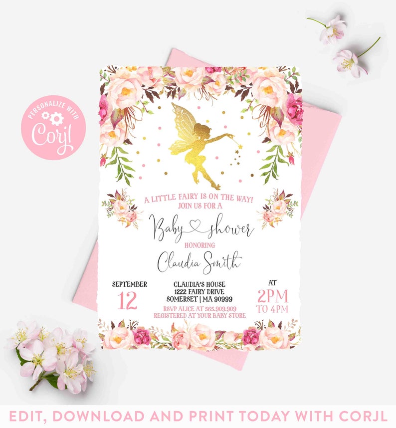 Fairy Baby Shower Invitation Floral Fairy Baby Shower Rustic Floral Fairy Shower Tea Party Baby Shower Instant Download Editable Corjl N1