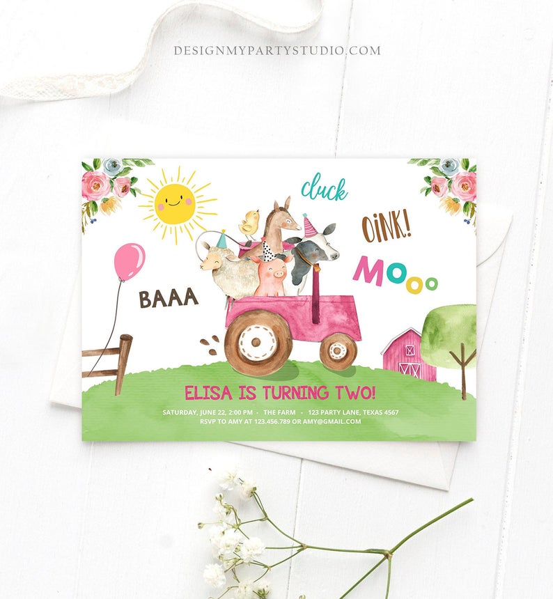 Editable Farm Birthday Invitation Girl Farm Animals Pink Floral Barnyard Party Tractor Download Printable Template Digital Corjl 0155