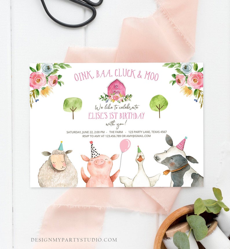 Editable Farm Birthday Invitation Girl Farm Animals Pink Floral Barnyard Party Download Printable Invitation Template Digital Corjl 0155