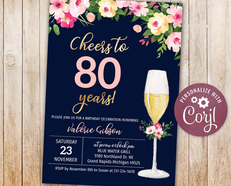 80th Birthday Invitations – Cheers to 80 Years Birthday Party Invite – Floral – Digital INSTANT Download 5×7 Editable adult woman womens