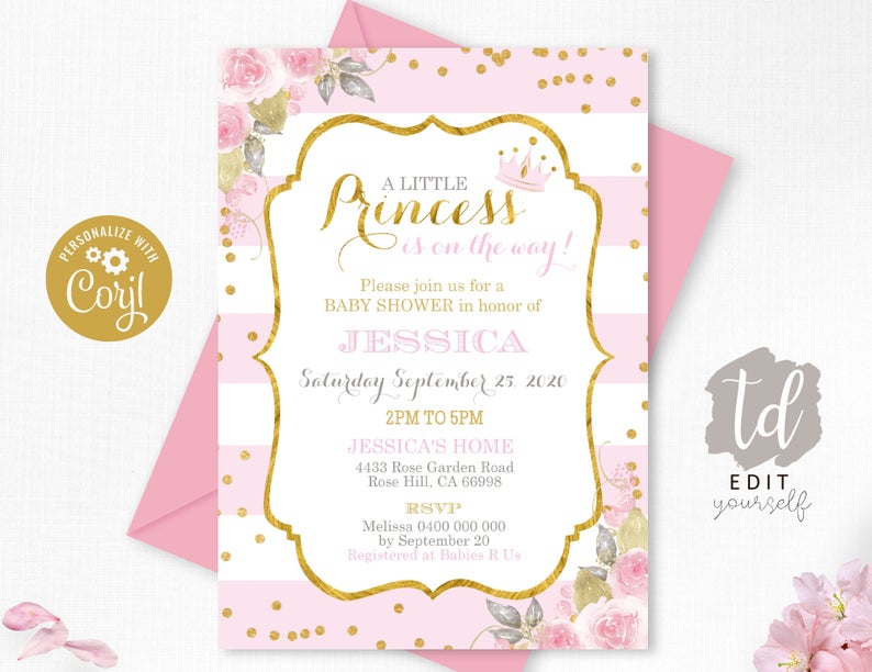 Princess BABY SHOWER Invitation Instant Download Princess Baby Shower Invitation Floral Princess Invitation Pink Baby Girl Shower Corjl 0510
