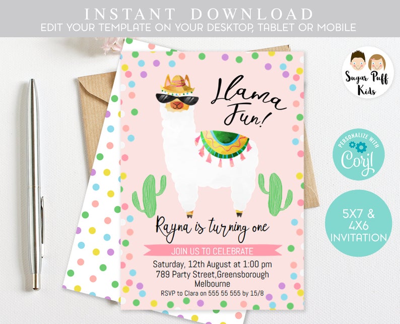 Printable Llama invitation, Pink Llama Fun Birthday Invitation, Alpaca Birthday Invitations, Llama birthday invitation, Llama fun invitation