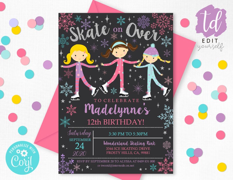 ICE SKATING PARTY Invitation Instant Download Ice Skating Girl Invite Ice Skating Party Ice Skating Birthday Editable Ice Skating Girl Corjl