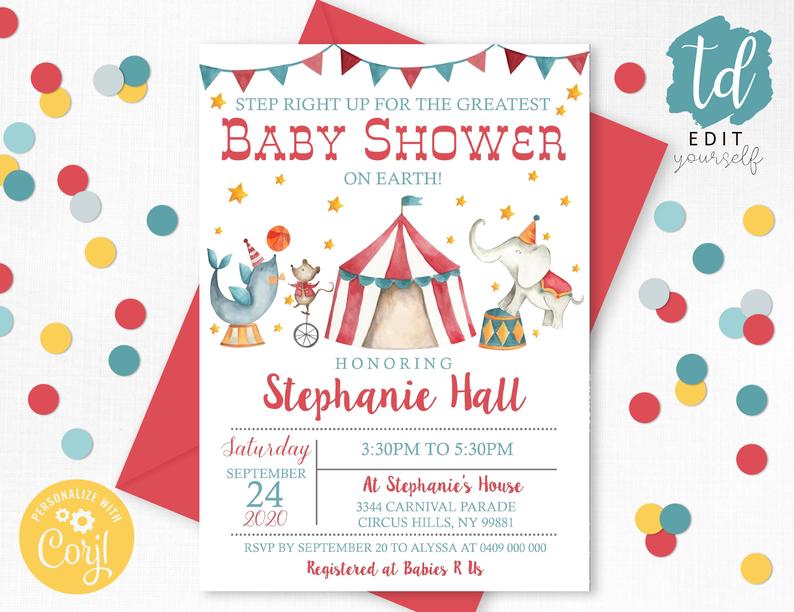 CIRCUS BABY SHOWER Invitation Instant Download Circus Invitation Carnival Baby Shower Invitations Circus Animal Carnival Baby Shower Corjl