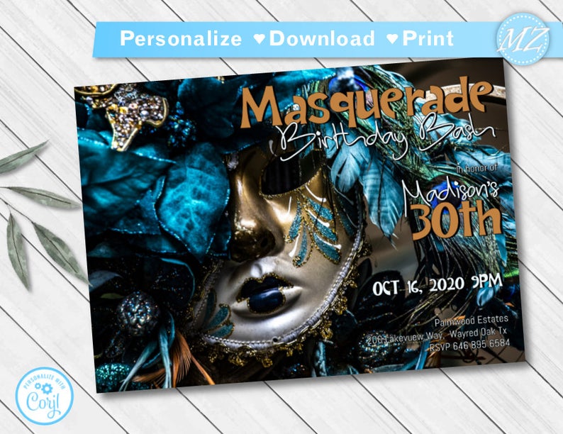 Masquerade Invite, Quinceanera blue Masquerade ball Invitation Sweet 16 Birthday Halloween Mask Corjl Printable template digital file