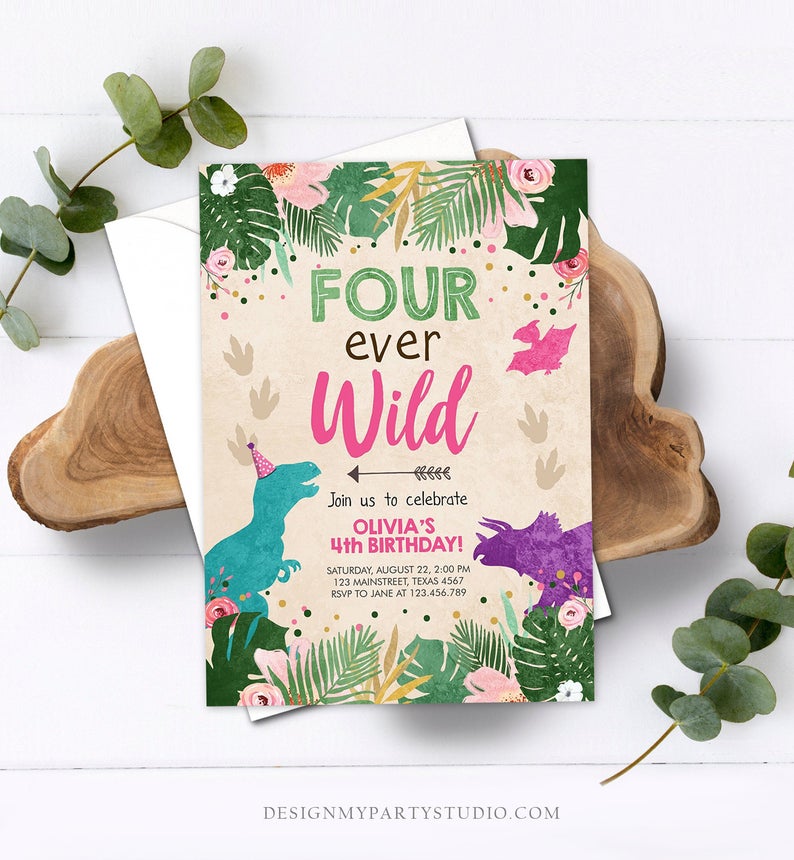 Editable Four Ever Wild Birthday Invitation Dinosaur Dino Party Girl 4th Fourth Birthday Pink Purple Fourever Corjl Template Printable 0146