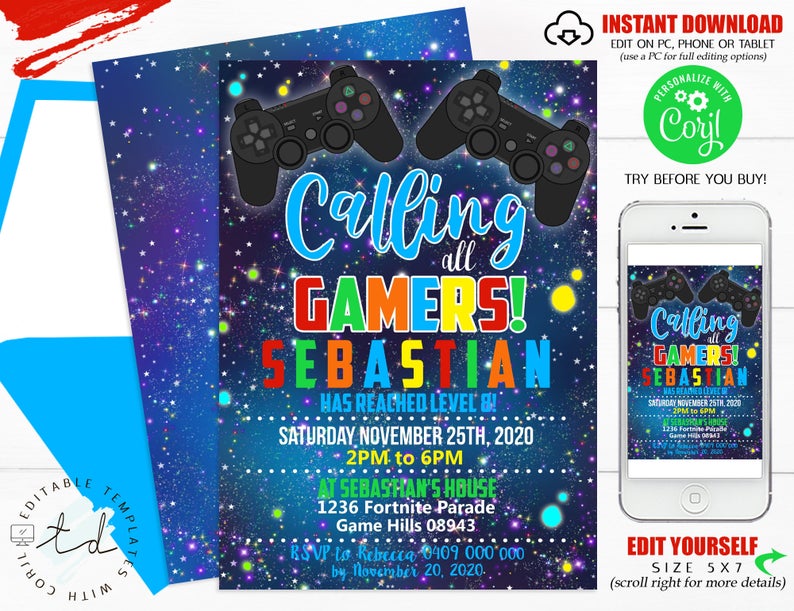 VIDEO GAME INVITATION Download Game Invitation Gaming Invitation Video Game Party Invitation Video Game Birthday Gaming Party Game on Corjl