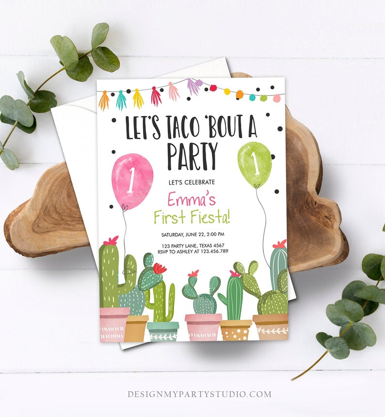 Editable Taco Bout a Party Birthday Invitation ANY AGE Fiesta Cactus Succulent 1st First Birthday Mexican Girl Pink Corjl Template 0254