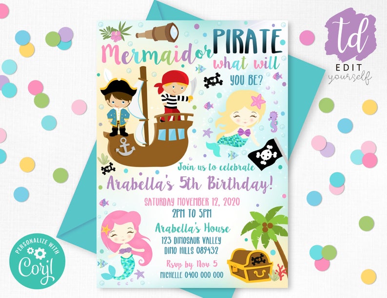 MERMAID PIRATE Invitation Instant download Mermaid and Pirate Party Invitation Editable Pirate and Mermaid Invitation Girl Boy Party theme