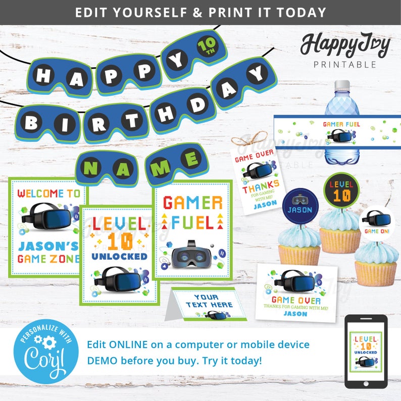 VR Game Printable Kit, Boys Virtual Reality Gaming Birthday Decor Party Sign Banner Topper Tag, Editable Template INSTANT Access Self Edit