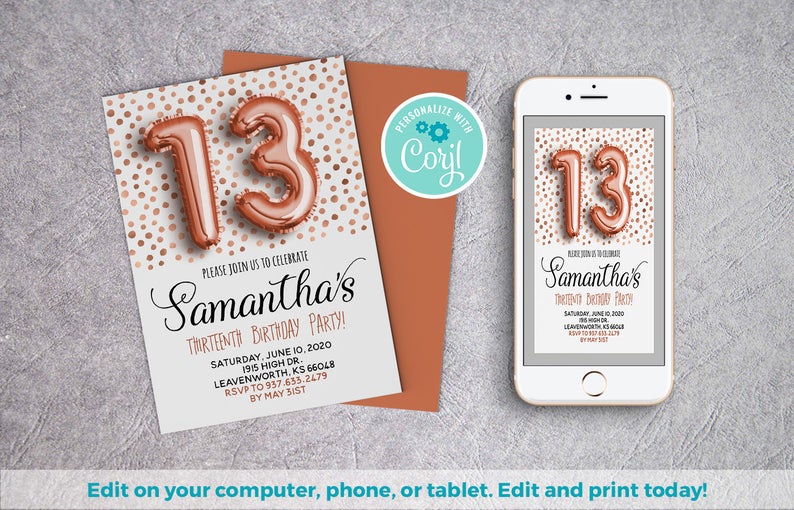 13th Birthday Rose Blush Invite | Balloon Invitation, Editable Template, Gold Foil Balloon, Rose Gold Confetti Invite, Classy Invitation