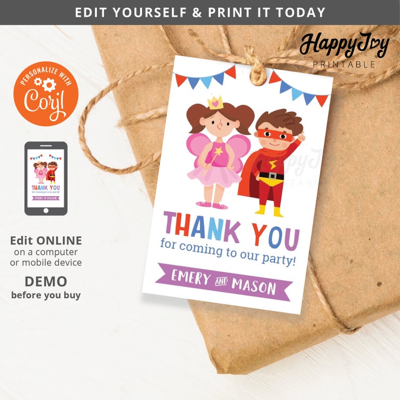 Costume Party Favor Tag 2×3 Printable, Boy Girl Joint Sibling Birthday, Editable Template INSTANT Download, Self Edit with Corjl co17