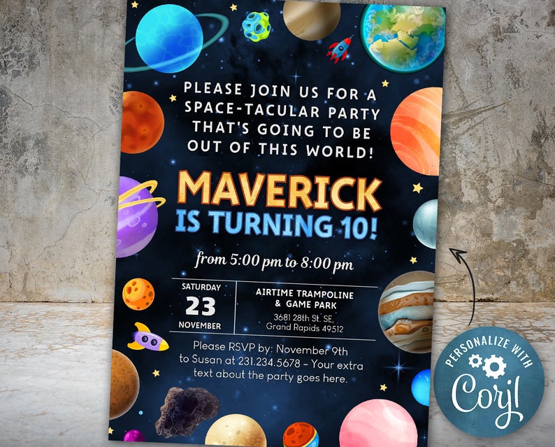 Planet Birthday Invitation, Outer Space Party Invite, Space Themed Birthday Party Invitation – Digital INSTANT DOWNLOAD Editable