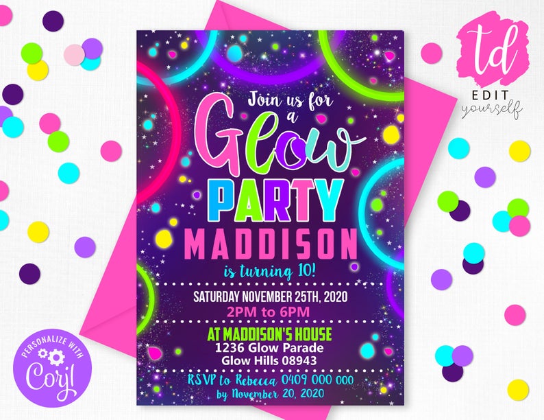 GLOW PARTY INVITATION Glow Invitation Neon Glow Party invitation Glow Birthday Invitation Editable Corjl Glow in the dark invite Neon Party