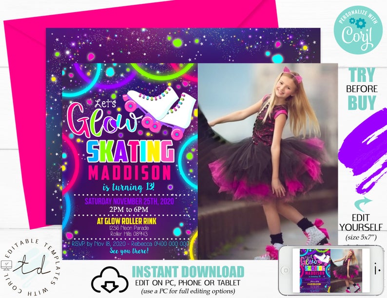 ROLLER SKATING BIRTHDAY Glow Invitation Roller Skate Photo Invitation Corjl Invitation Roller Skate Neon Photo Invite Skate Girl Glow