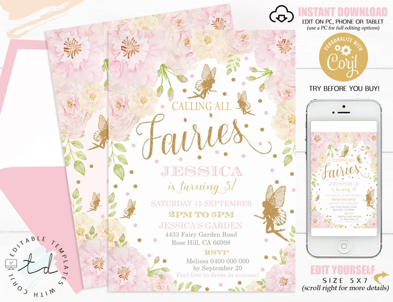 FAIRY INVITATIONS Floral Fairy Party Invitation Instant Download Pink and Gold Fairy Invitation Fairy First Birthday Invitation Corjl Fairy