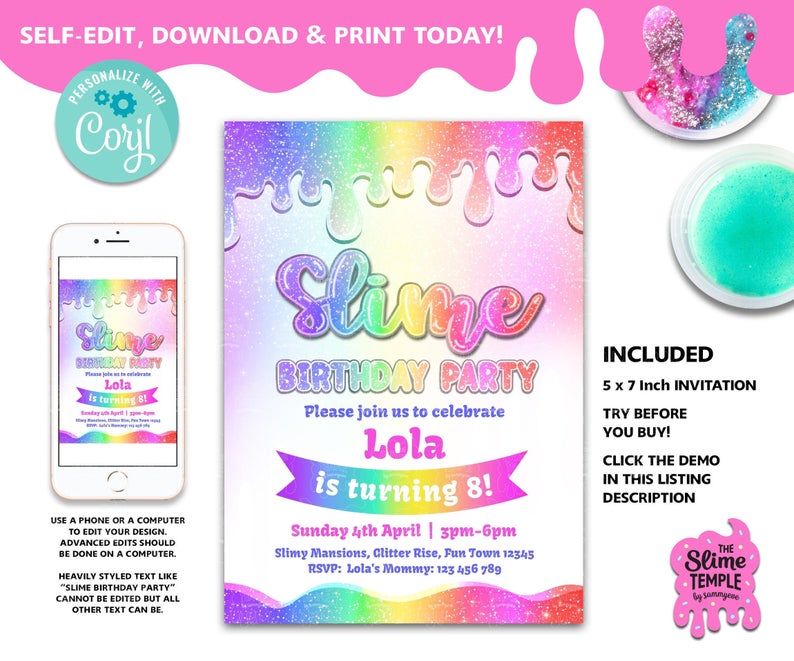 Editable Slime Birthday Party Invite / Self-edit Slime invitation / Slime Birthday Party / Rainbow Slime Party / Slime Queen / Slime Squad