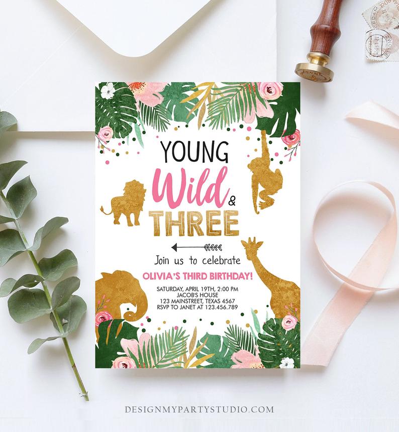 Editable Young Wild and Three Birthday Invitation Animals Invite Party Jungle Safari Pink Gold Download Printable Template Corjl 0016
