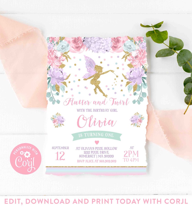 Fairy Invitation Fairy Birthday Invitation Whimsical Enchanted Pixie Party Magical Floral Fairy Party Instant Download Editable Corjl FF1