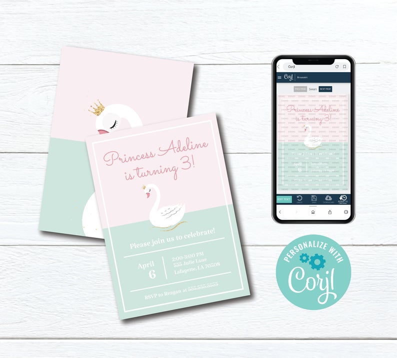 Printable Swan Princess Birthday Party Invitation | Editable Digital Download