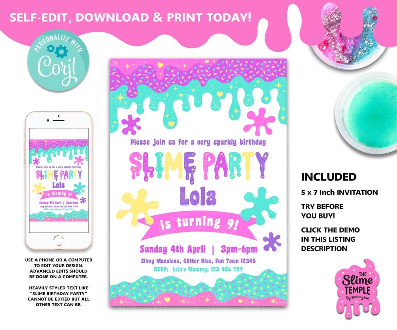 Editable Slime Birthday Party Invite / Self-edit Slime invitation / Slime Birthday Party / Slime Invitation / Slime Party / Slime Queen