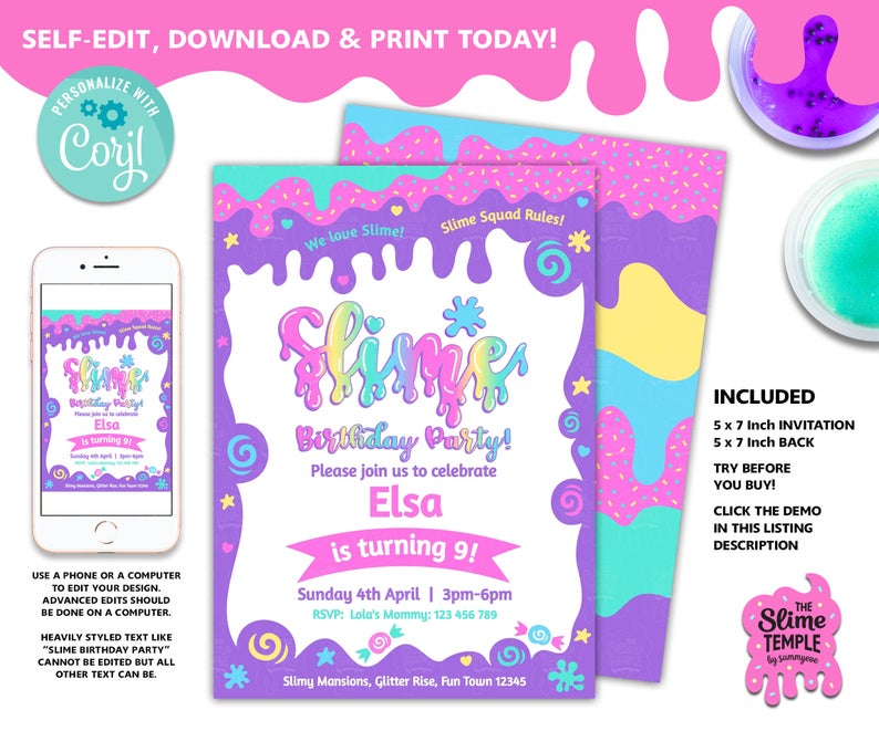 Editable Slime Birthday Party Invite / Self-edit Slime invitation / Slime Birthday Party / Slime Invitation / Slime Party / Slime Queen