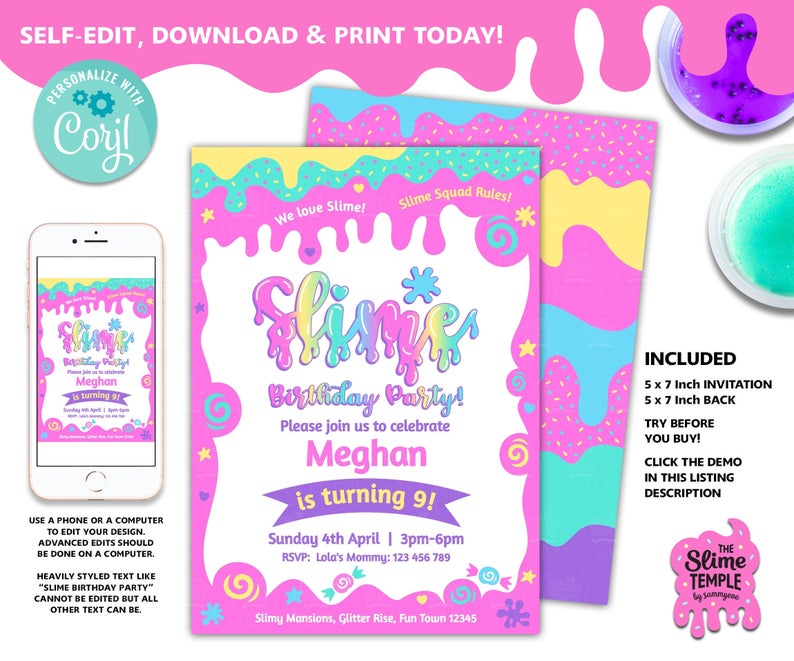 Editable Slime Birthday Party Invite / Self-edit Slime invitation / Slime Birthday Party / Slime Invitation / Slime Party / Slime Queen