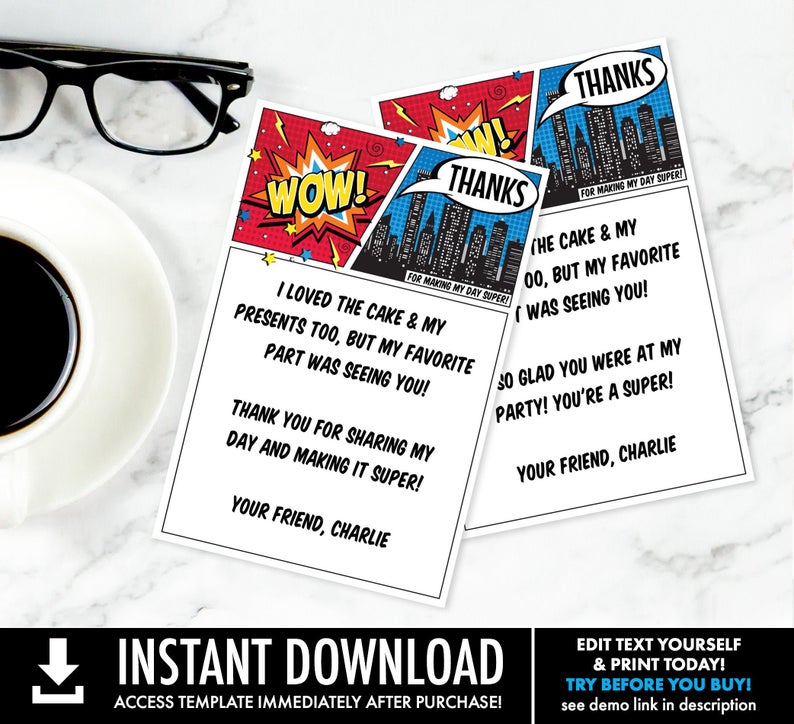 Superhero Thank You Card – Superhero Birthday Party, Comic Book Thank You Note | Self-Editing with CORJL – INSTANT Download Printable