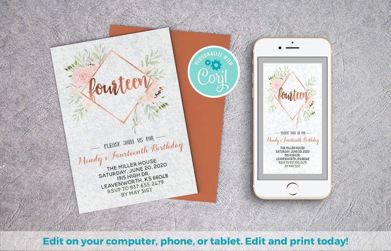 14th Birthday Rose Blush Invite | Balloon Invitation, Editable Template, Gold Foil Balloon, Blush Baby Birthday, Blush Pink Invite