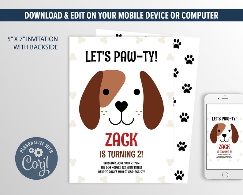 Puppy Face Birthday Invitation, Dog Party, Puppy Paw-ty, Editable Invitation, INSTANT DOWNLOAD 0003
