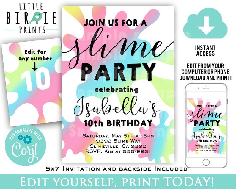 SLIME PARTY Invitation Slime birthday party invitation Girl Pastel Slime party invitation Printable instant access corjl birthday party