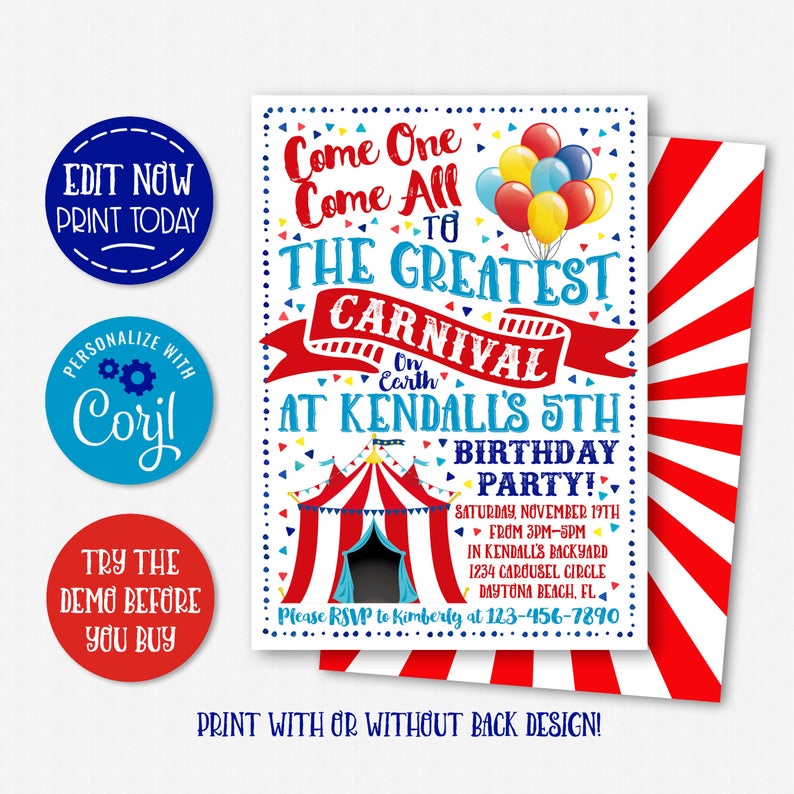 Carnival Invitation, Circus Invitation, Carnival Birthday Invitation, Instant Download Carnival Invitation, Corjl Invitation, Carnival Party