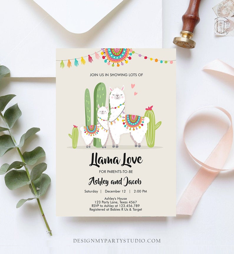 Editable Llama Baby Shower Invitation Llama Love Fiesta Cactus Mexican Couples Coed Shower Digital Download Printable Corjl Template 0079