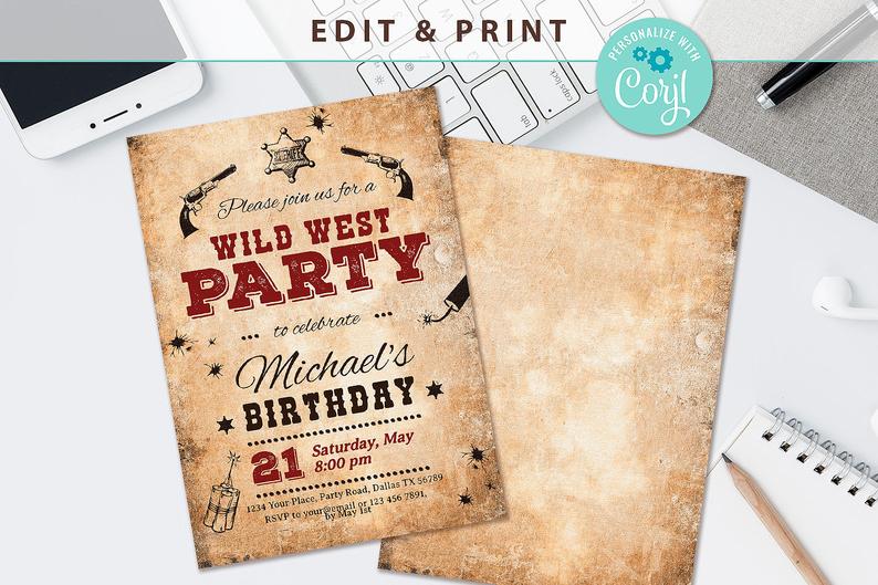 Wild West Birthday Invitation, Vintage Birthday Invitation, Printable Cowboy Invitation, Editable Party Template, Instant Download, Corjl
