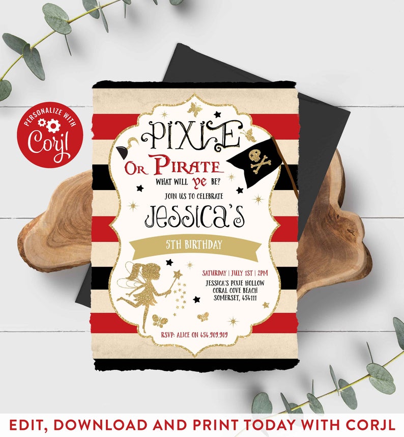 Pixies And Pirates Birthday Invitation Fairies & Pirates Invitation Girl Boy Combined Birthday Invite Pirate Instant Download Editable PP