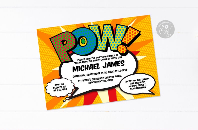 Baptism, Christening, First Communion Invitation Template, Instant Download Editable Printable Invite, Modern Comic Book Pop Art, Postponed