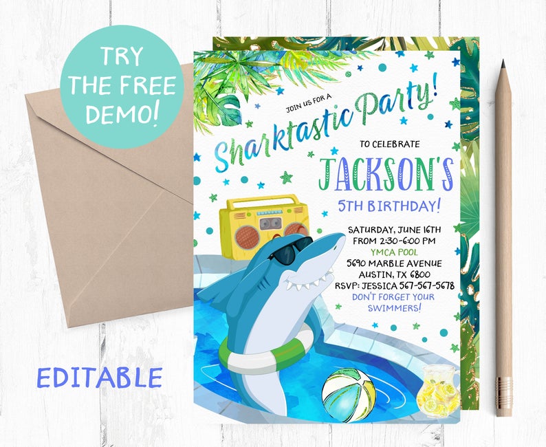 Editable Shark Pool Boy Invitation, Boy Pool Shark Invitation, Shark Pool Boy Birthday Party, Sharktastic Boy Birthday Party , Template,