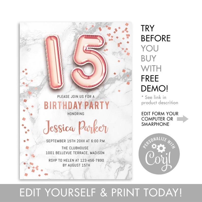 15th Birthday Party Invitation – INSTANT DOWNLOAD Digital Template. Rose Gold Balloons. Marble Pattern.
