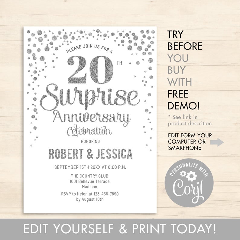 INSTANT DOWNLOAD 20th Surprise Wedding Anniversary Party Invitation. ANY Year. Digital Template. Glitter Silver Foil White