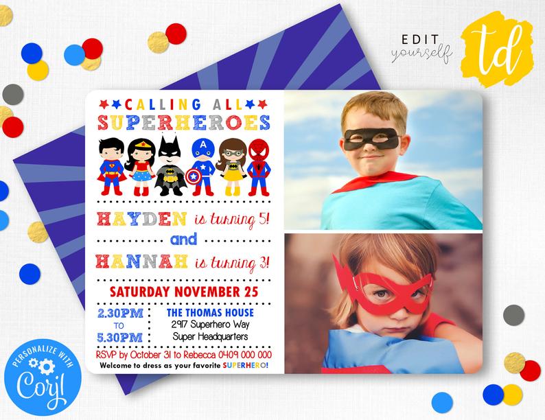 SUPERHERO Party Invitation with Photo Superhero Joint Birthday Invitation Superhero Sibling Birthday Invitations Corjl Superhero Invitation