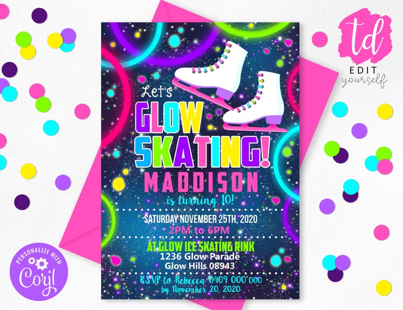 ICE SKATING INVITATION Glow Ice Skating Party Invitation Ice Skate Neon Invitation Ice Skating Party Glow Neon Girl Ice Skate Corjl Editable