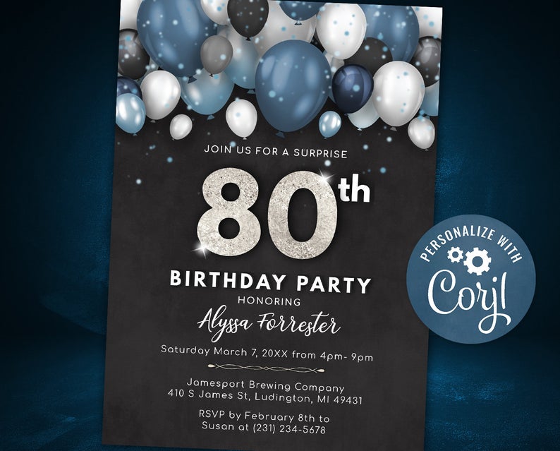 Balloons 80th Birthday Invitation – Adult Eightieth Birthday Invite – Surprise Party – Digital INSTANT download Editable Women’s Men’s