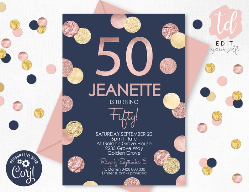 ADULT Birthday Invitation Instant Download Rose Gold Navy Birthday invitation Rose Gold Confetti Birthday Invitation 40th, 50th, 60th, 21st