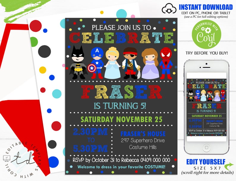 Costume Birthday Invitation Instant Download SUPERHERO PRINCESS and PIRATE Invitation Dress up Party Invitation Boy Costume Invitation Corjl