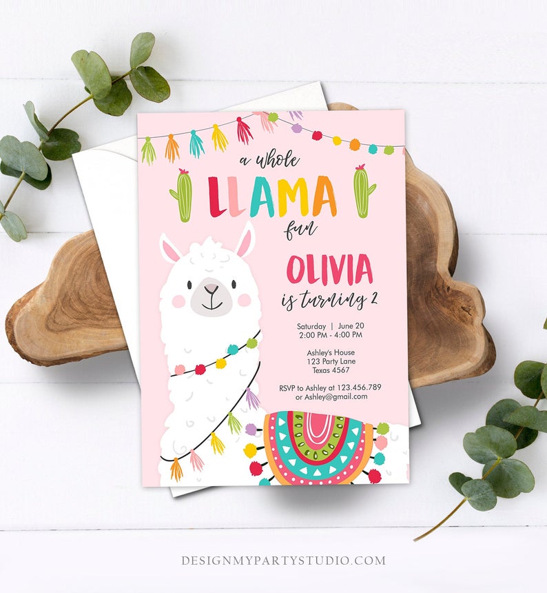Editable Whole Llama Fun Birthday Invitation Fiesta Mexican Cactus Pink Girl Teal Alpaca Instant Download Corjl Template Printable 0079