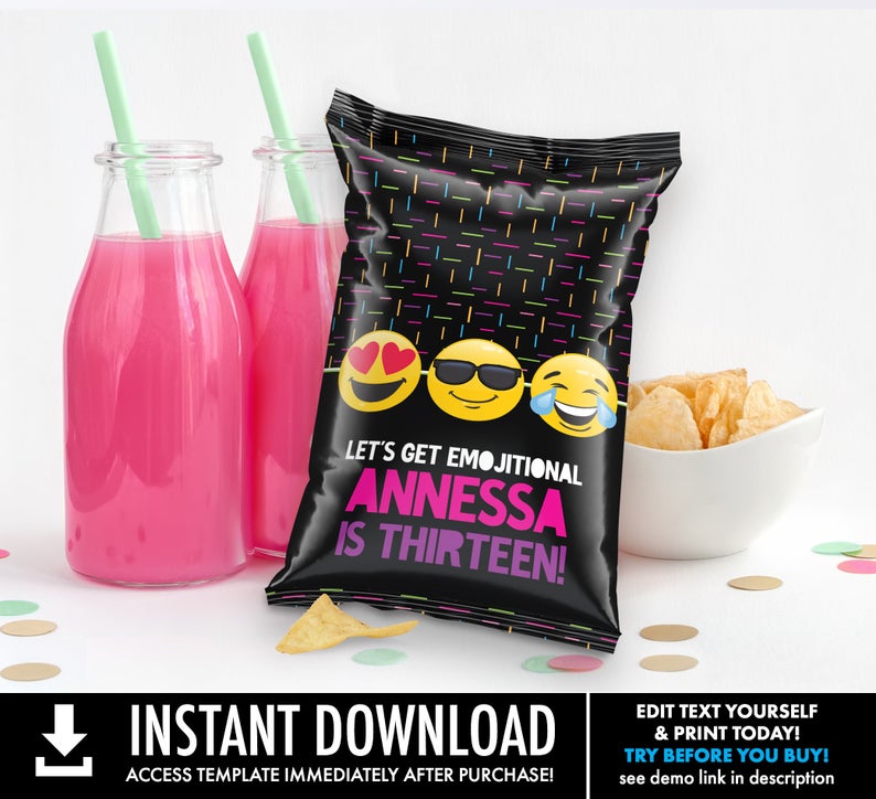 Emoji Party Potato Chip Bag Wrap/Label/Template – Snacks Bag, Loot, Mini Chip Bag Favors | Self-Edit with CORJL – INSTANT Download Printable